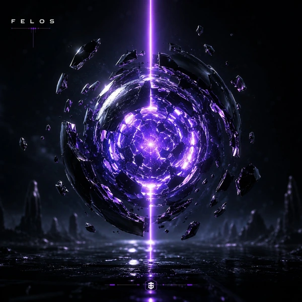 A black sphere breaking apart around a violet core, split by a line of light