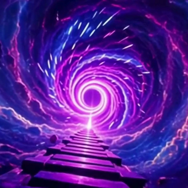 A spiral of violet light with a stair leading into its centre